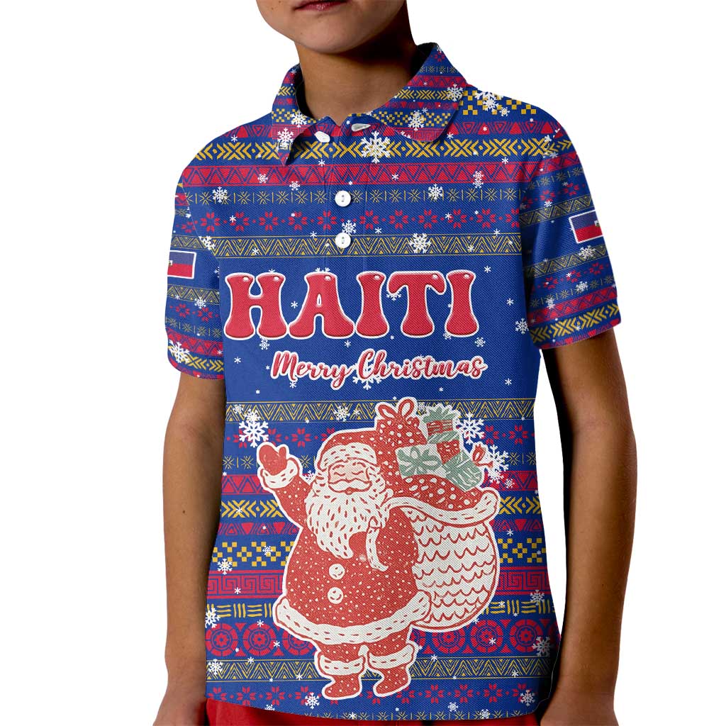 Haiti Christmas Kid Polo Shirt with Blue Red Xmas Santa Snowflake and Map - Wonder Print Shop