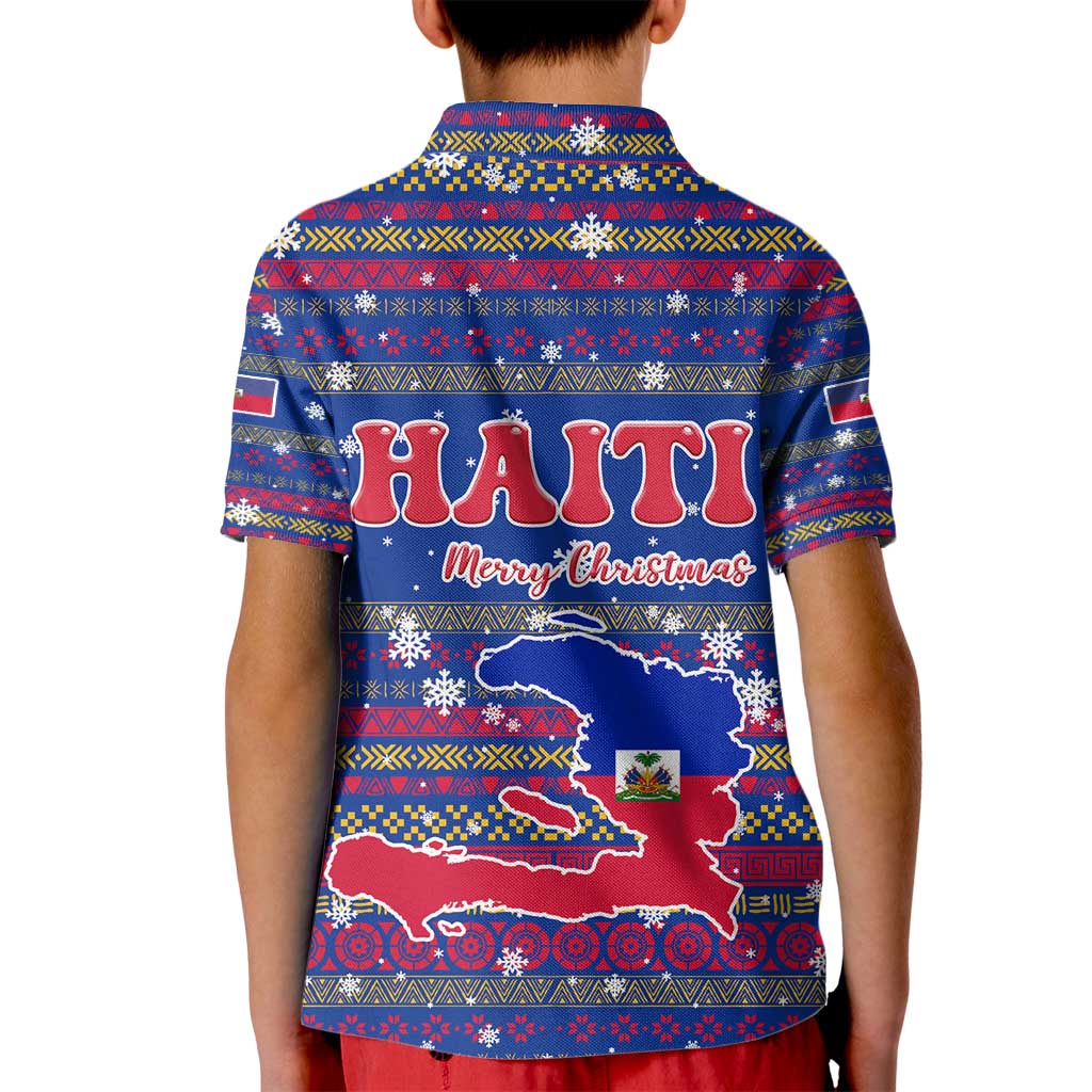 Haiti Christmas Kid Polo Shirt with Blue Red Xmas Santa Snowflake and Map - Wonder Print Shop