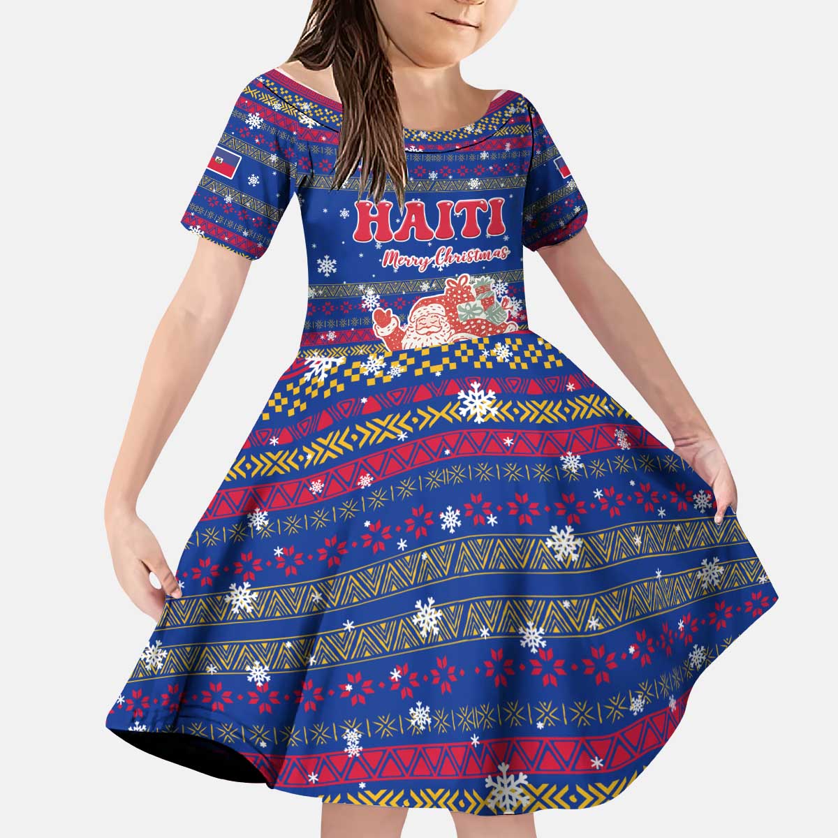 Haiti Christmas Kid Short Sleeve Dress with Blue Red Xmas Santa Snowflake and Map - Wonder Print Shop