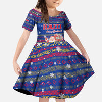 Haiti Christmas Kid Short Sleeve Dress with Blue Red Xmas Santa Snowflake and Map - Wonder Print Shop