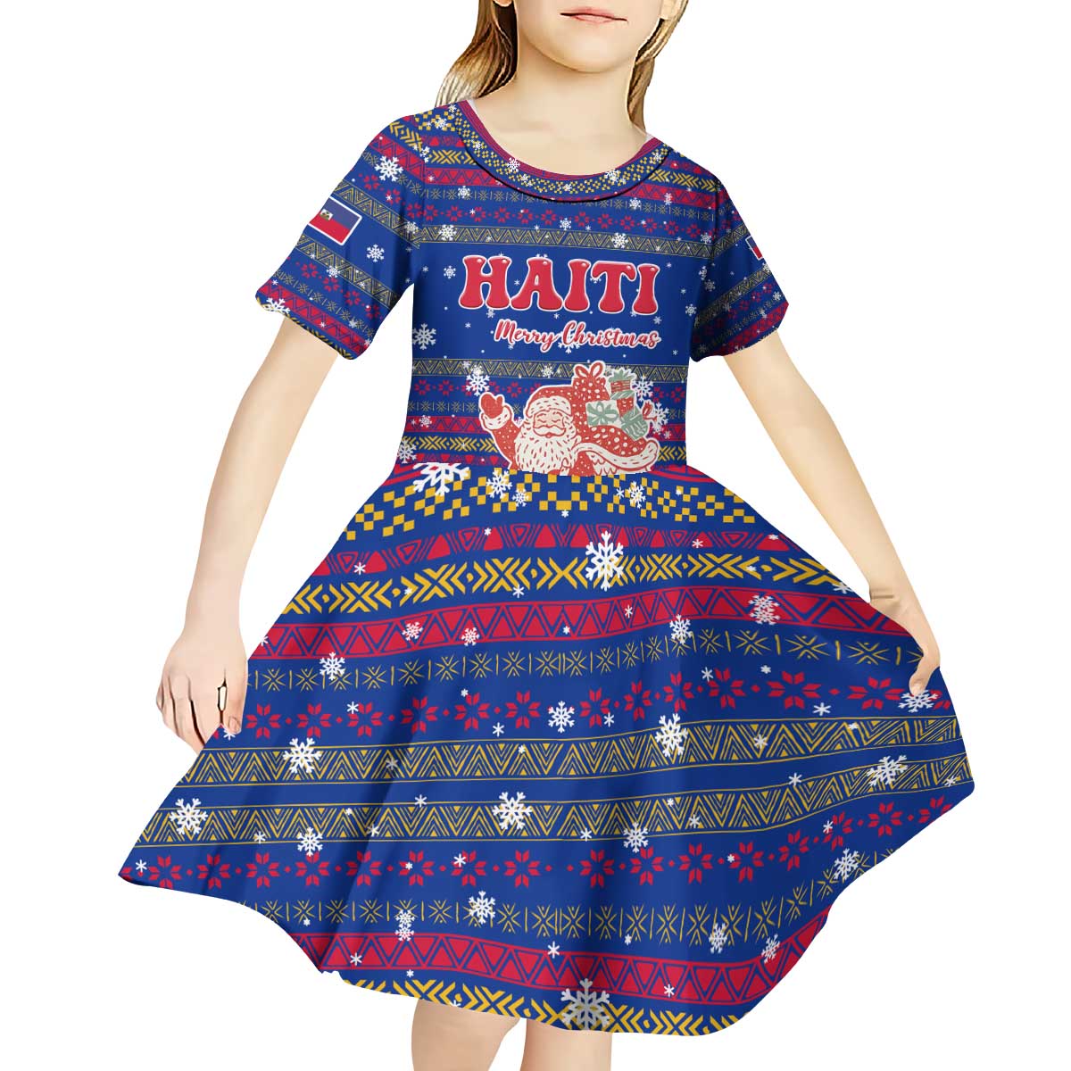 Haiti Christmas Kid Short Sleeve Dress with Blue Red Xmas Santa Snowflake and Map - Wonder Print Shop