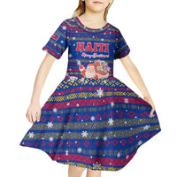 Haiti Christmas Kid Short Sleeve Dress with Blue Red Xmas Santa Snowflake and Map - Wonder Print Shop