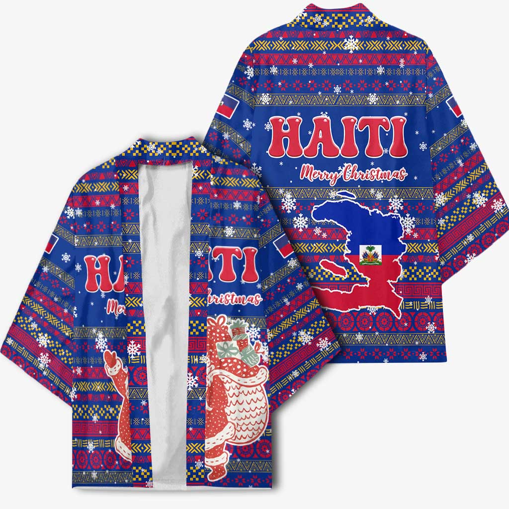 Haiti Christmas Kimono with Blue Red Xmas Santa Snowflake and Map - Wonder Print Shop