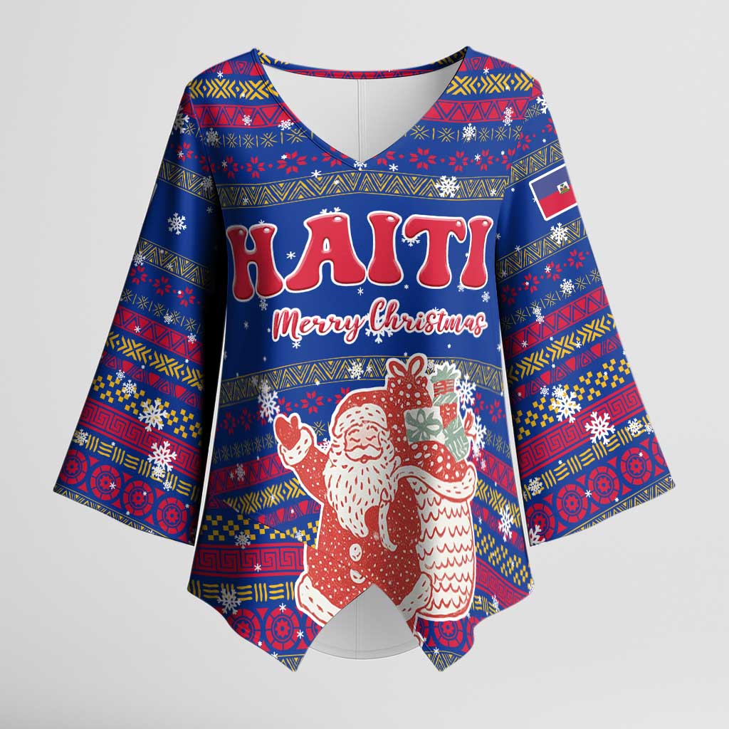 Haiti Christmas Kimono Sleeve Blouse with Blue Red Xmas Santa Snowflake and Map - Wonder Print Shop