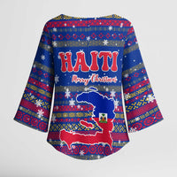 Haiti Christmas Kimono Sleeve Blouse with Blue Red Xmas Santa Snowflake and Map - Wonder Print Shop