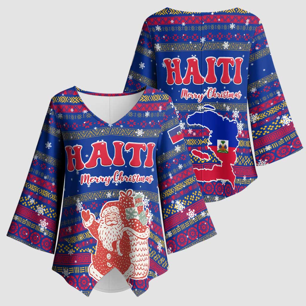 Haiti Christmas Kimono Sleeve Blouse with Blue Red Xmas Santa Snowflake and Map - Wonder Print Shop