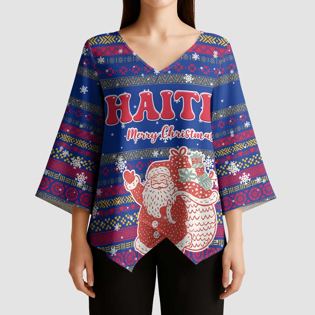 Haiti Christmas Kimono Sleeve Blouse with Blue Red Xmas Santa Snowflake and Map - Wonder Print Shop