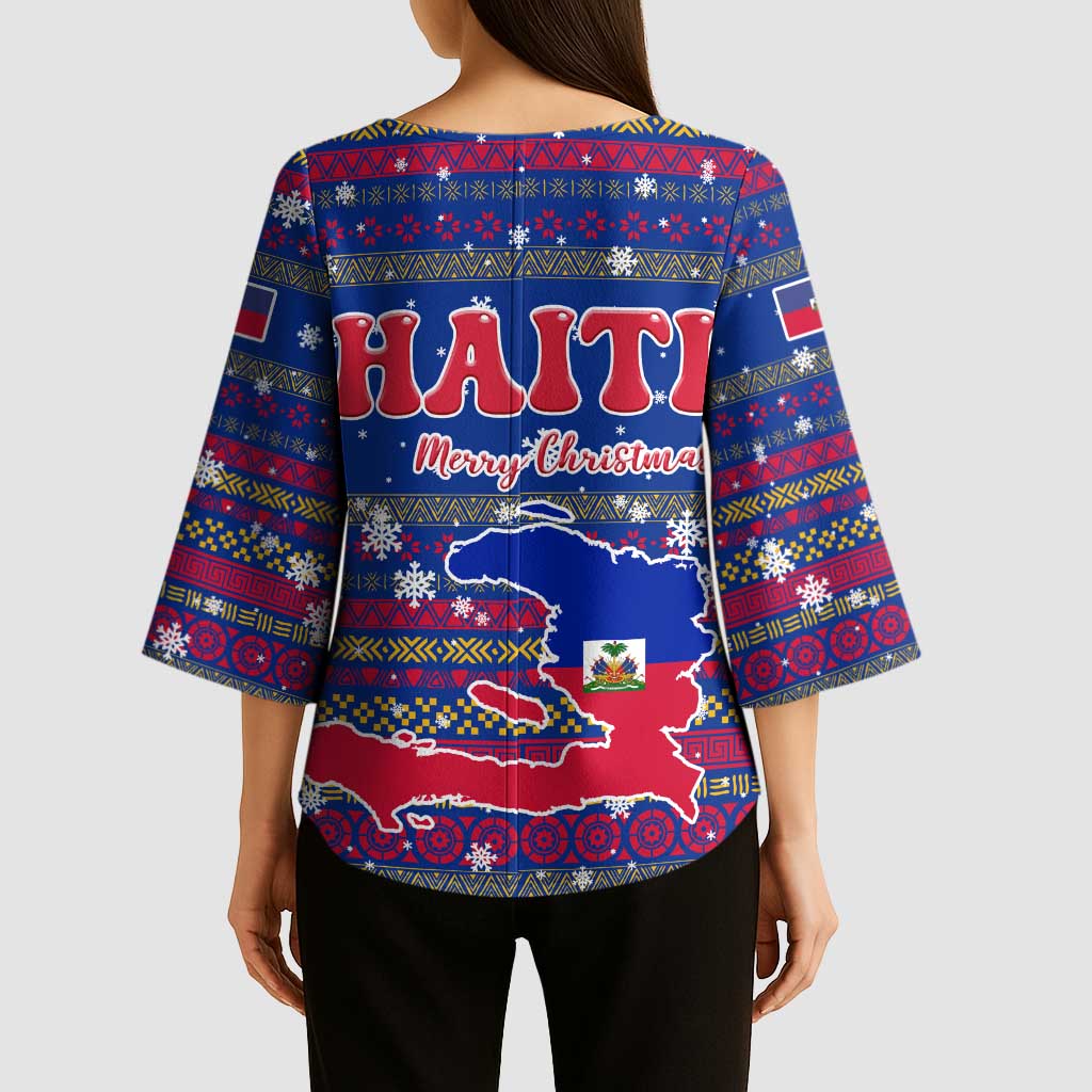 Haiti Christmas Kimono Sleeve Blouse with Blue Red Xmas Santa Snowflake and Map - Wonder Print Shop