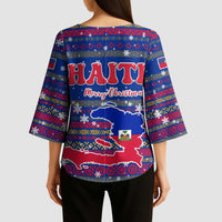 Haiti Christmas Kimono Sleeve Blouse with Blue Red Xmas Santa Snowflake and Map - Wonder Print Shop