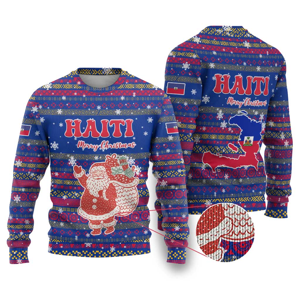 Haiti Christmas Ugly Christmas Sweater with Blue Red Xmas Santa Snowflake and Map - Wonder Print Shop