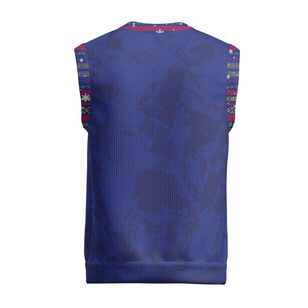 Haiti Christmas Knitted V-Neck Vest with Blue Red Xmas Santa Snowflake and Map - Wonder Print Shop