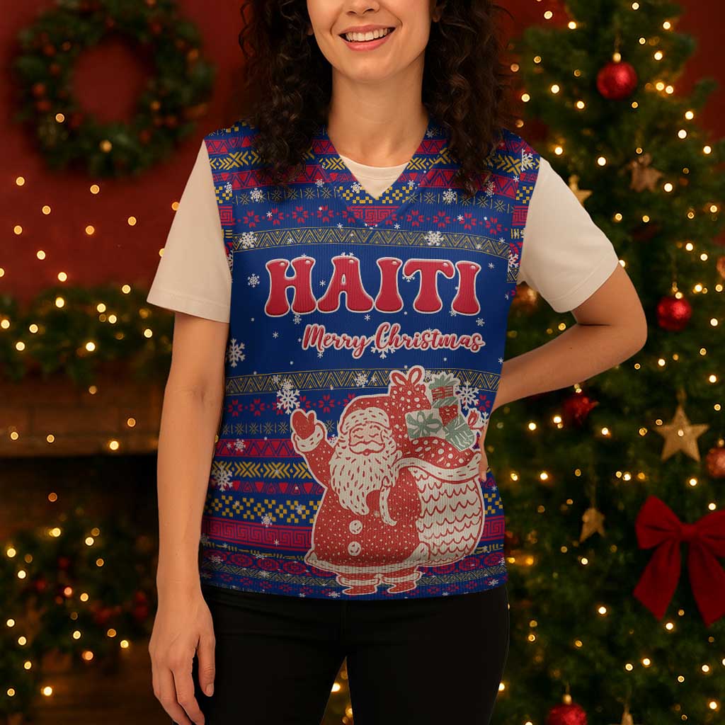 Haiti Christmas Knitted V-Neck Vest with Blue Red Xmas Santa Snowflake and Map - Wonder Print Shop