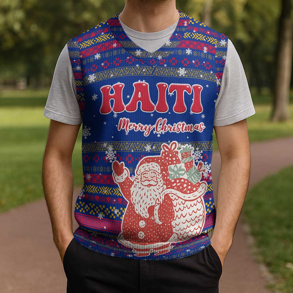 Haiti Christmas Knitted V-Neck Vest with Blue Red Xmas Santa Snowflake and Map - Wonder Print Shop