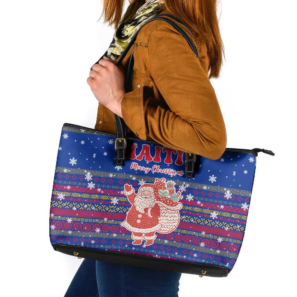 Haiti Christmas Leather Tote Bag with Blue Red Xmas Santa Snowflake and Map - Wonder Print Shop