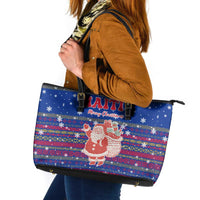 Haiti Christmas Leather Tote Bag with Blue Red Xmas Santa Snowflake and Map - Wonder Print Shop
