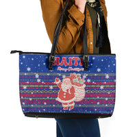 Haiti Christmas Leather Tote Bag with Blue Red Xmas Santa Snowflake and Map - Wonder Print Shop