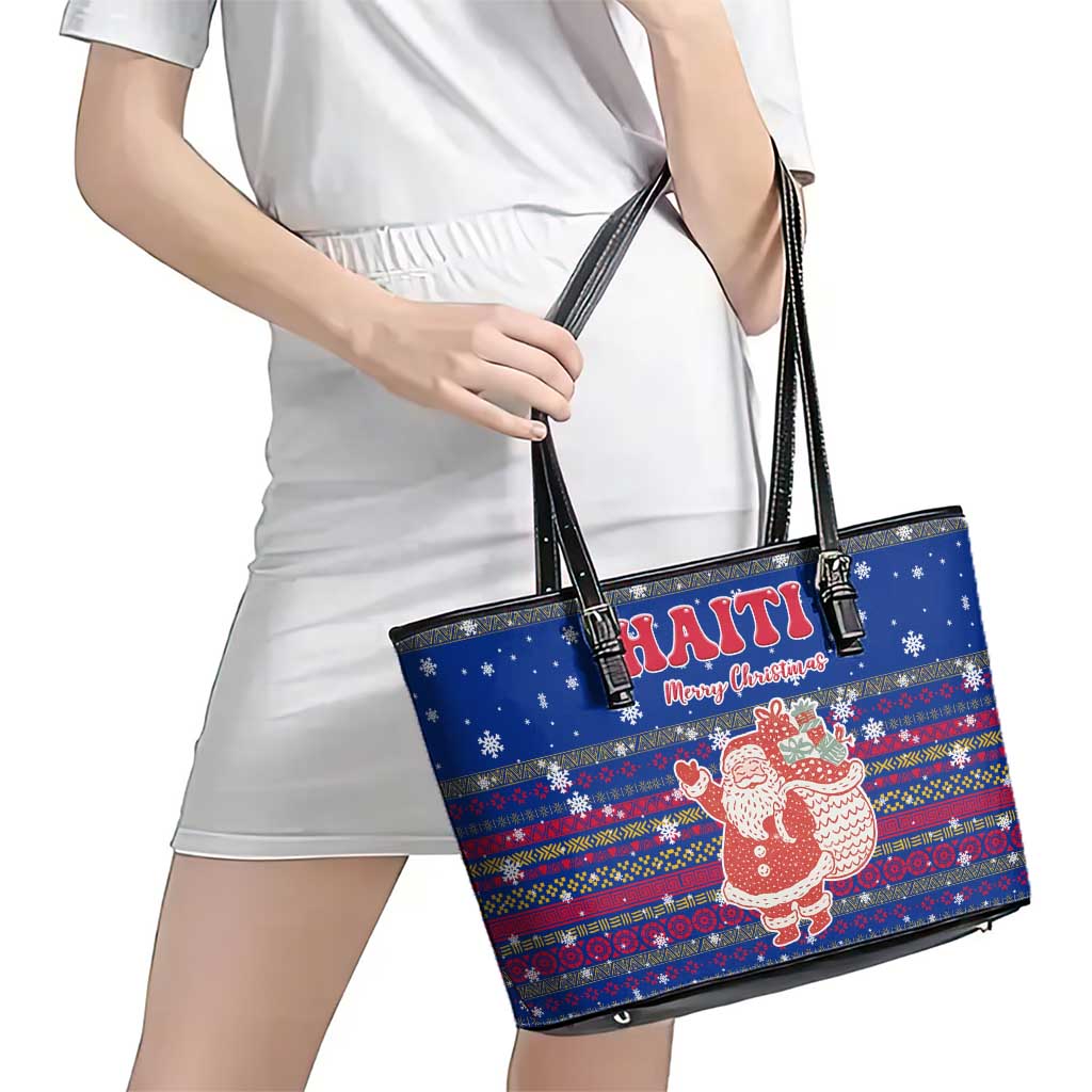 Haiti Christmas Leather Tote Bag with Blue Red Xmas Santa Snowflake and Map - Wonder Print Shop