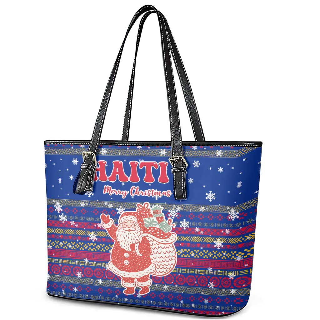 Haiti Christmas Leather Tote Bag with Blue Red Xmas Santa Snowflake and Map - Wonder Print Shop