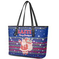Haiti Christmas Leather Tote Bag with Blue Red Xmas Santa Snowflake and Map - Wonder Print Shop