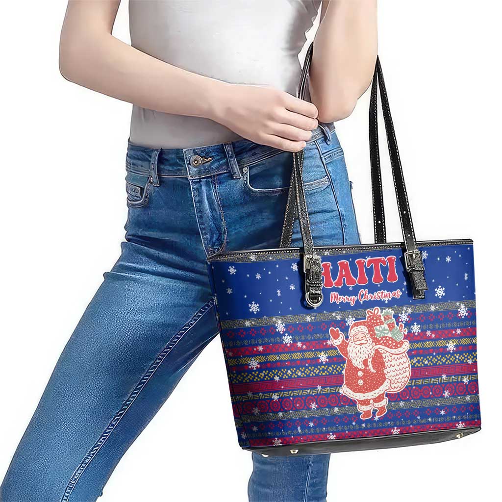 Haiti Christmas Leather Tote Bag with Blue Red Xmas Santa Snowflake and Map - Wonder Print Shop