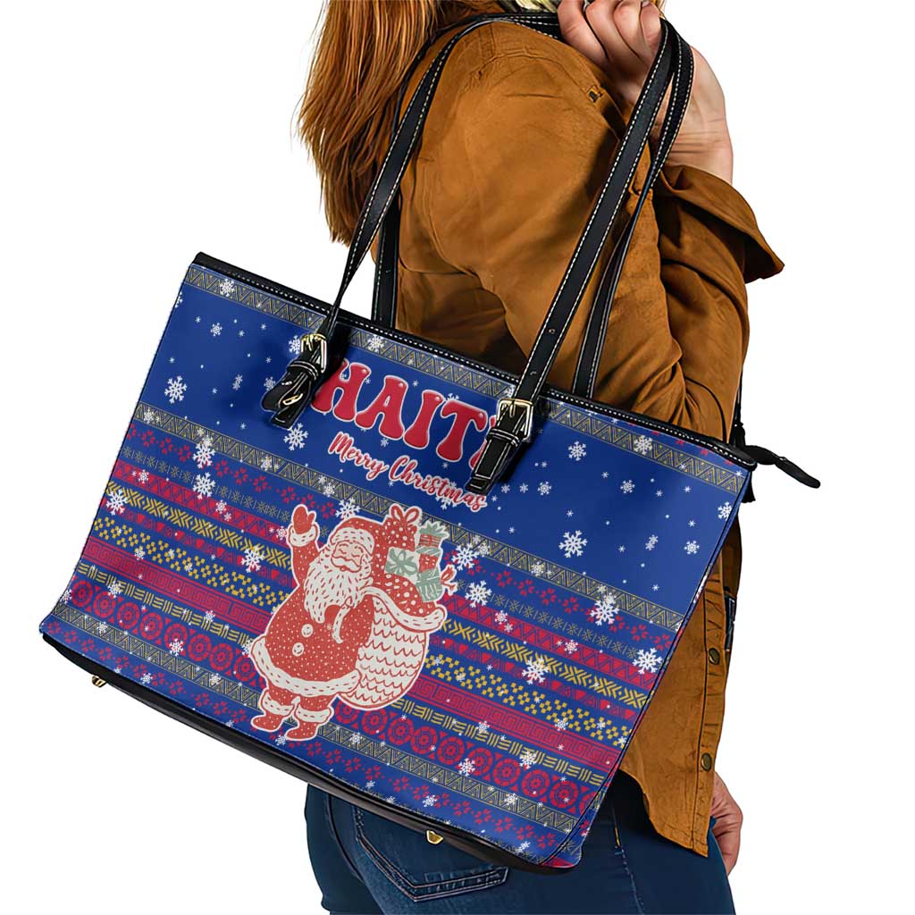 Haiti Christmas Leather Tote Bag with Blue Red Xmas Santa Snowflake and Map - Wonder Print Shop