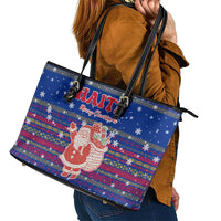 Haiti Christmas Leather Tote Bag with Blue Red Xmas Santa Snowflake and Map - Wonder Print Shop