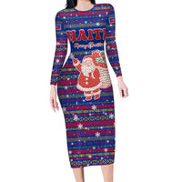 Haiti Christmas Long Sleeve Bodycon Dress with Blue Red Xmas Santa Snowflake and Map - Wonder Print Shop