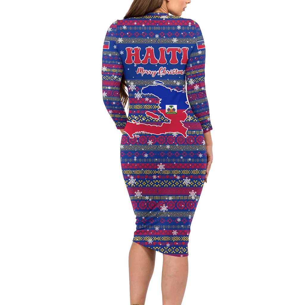 Haiti Christmas Long Sleeve Bodycon Dress with Blue Red Xmas Santa Snowflake and Map - Wonder Print Shop