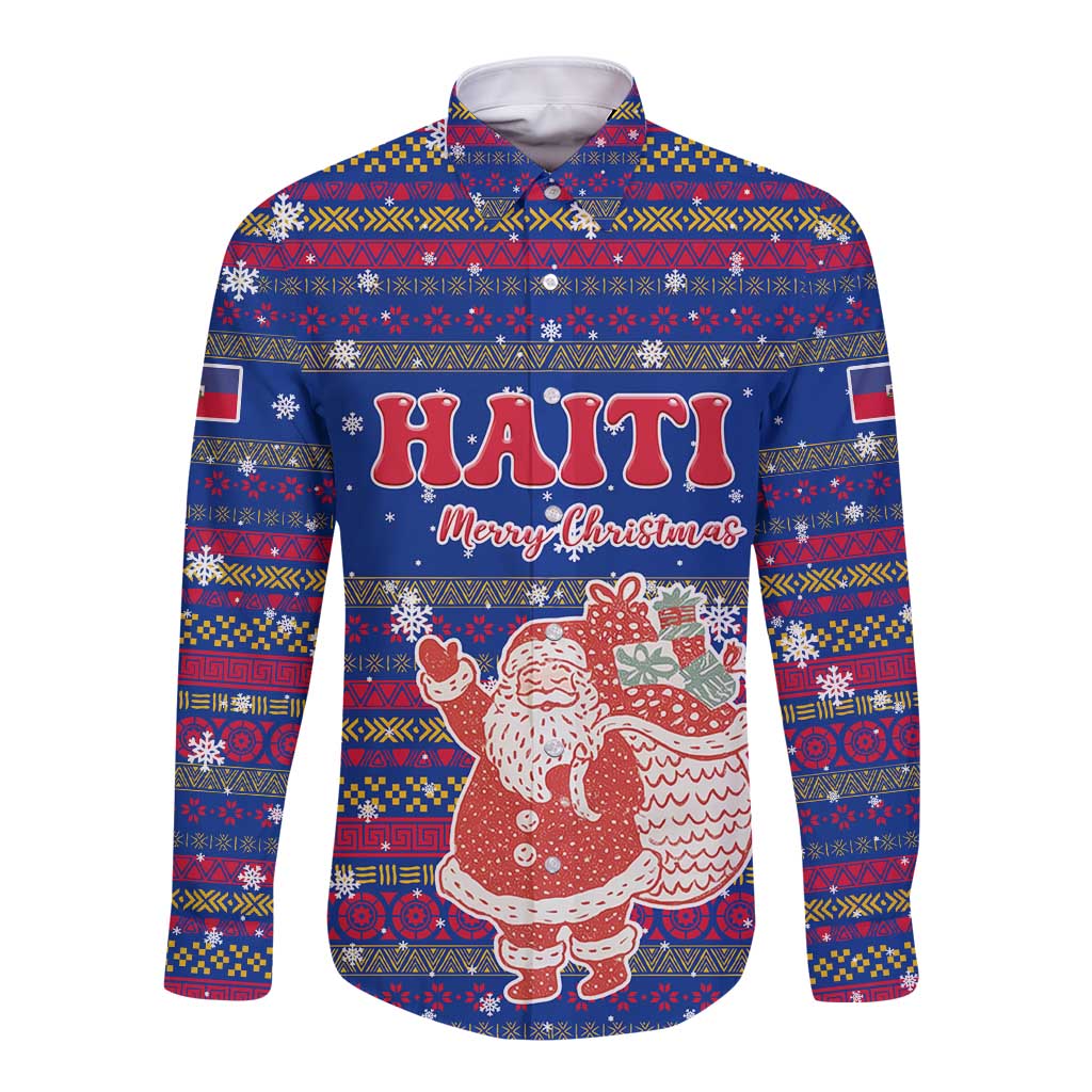Haiti Christmas Long Sleeve Button Shirt with Blue Red Xmas Santa Snowflake and Map - Wonder Print Shop
