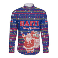 Haiti Christmas Long Sleeve Button Shirt with Blue Red Xmas Santa Snowflake and Map - Wonder Print Shop