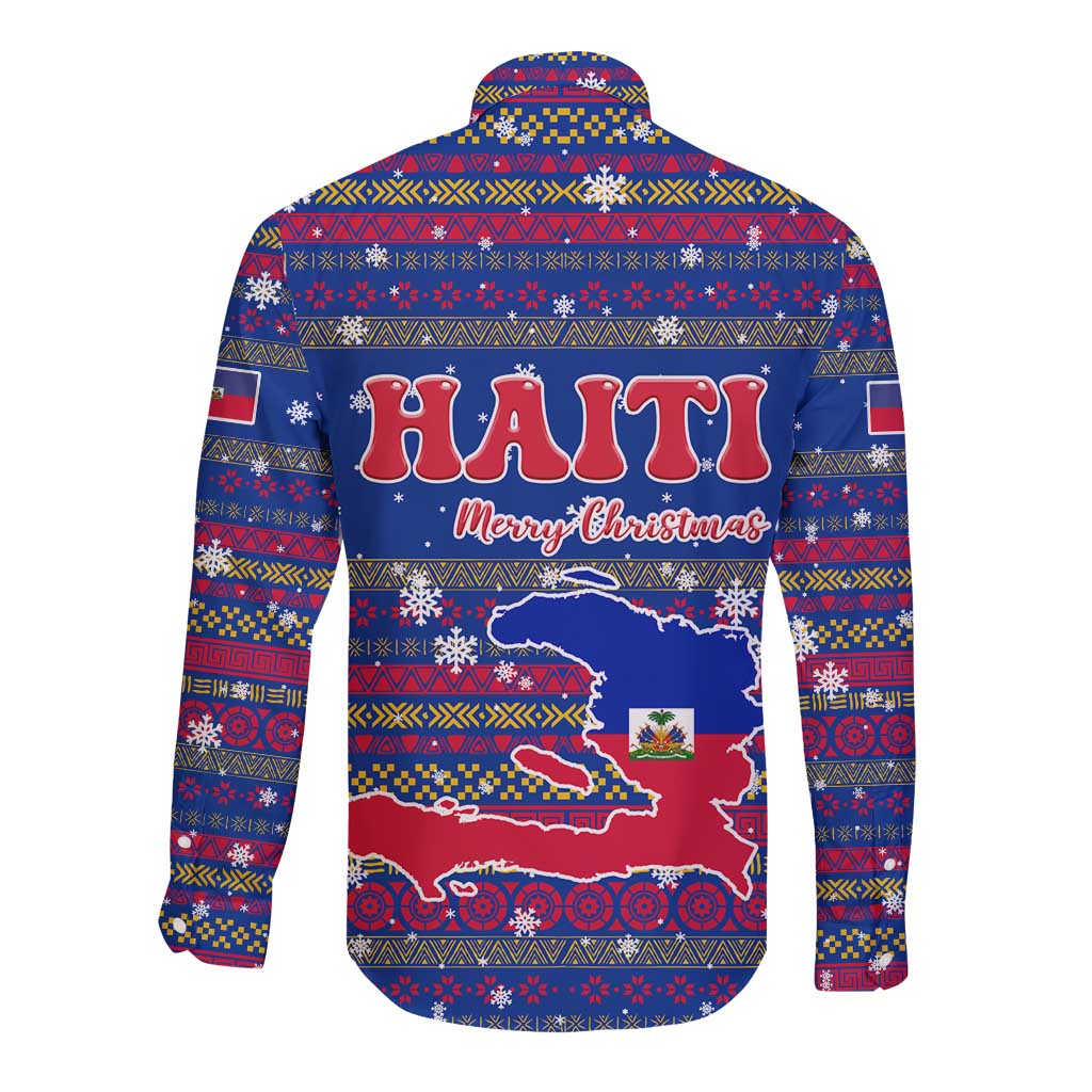 Haiti Christmas Long Sleeve Button Shirt with Blue Red Xmas Santa Snowflake and Map - Wonder Print Shop