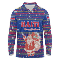 Haiti Christmas Long Sleeve Polo Shirt with Blue Red Xmas Santa Snowflake and Map - Wonder Print Shop