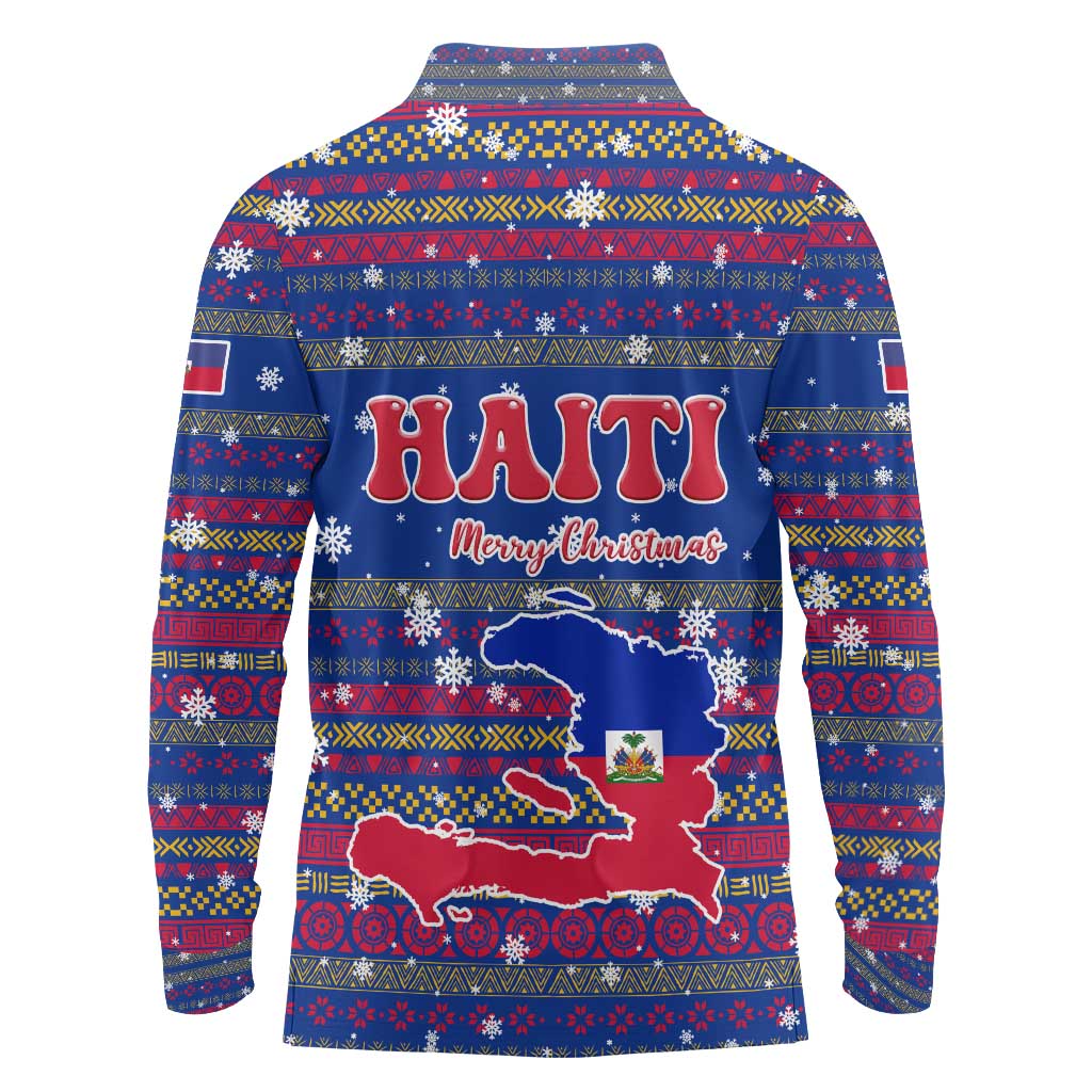Haiti Christmas Long Sleeve Polo Shirt with Blue Red Xmas Santa Snowflake and Map - Wonder Print Shop