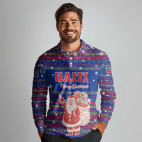 Haiti Christmas Long Sleeve Polo Shirt with Blue Red Xmas Santa Snowflake and Map - Wonder Print Shop