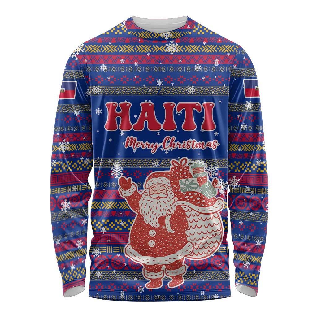 Haiti Christmas Long Sleeve Shirt with Blue Red Xmas Santa Snowflake and Map - Wonder Print Shop