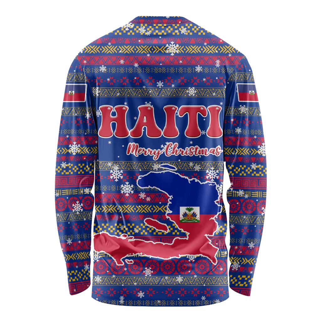 Haiti Christmas Long Sleeve Shirt with Blue Red Xmas Santa Snowflake and Map - Wonder Print Shop