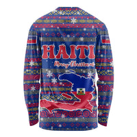 Haiti Christmas Long Sleeve Shirt with Blue Red Xmas Santa Snowflake and Map - Wonder Print Shop