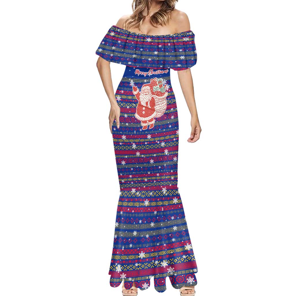 Haiti Christmas Mermaid Dress with Blue Red Xmas Santa Snowflake and Map - Wonder Print Shop
