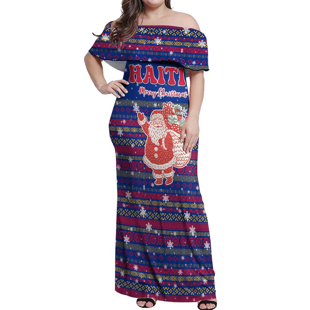 Haiti Christmas Off Shoulder Maxi Dress with Blue Red Xmas Santa Snowflake and Map - Wonder Print Shop