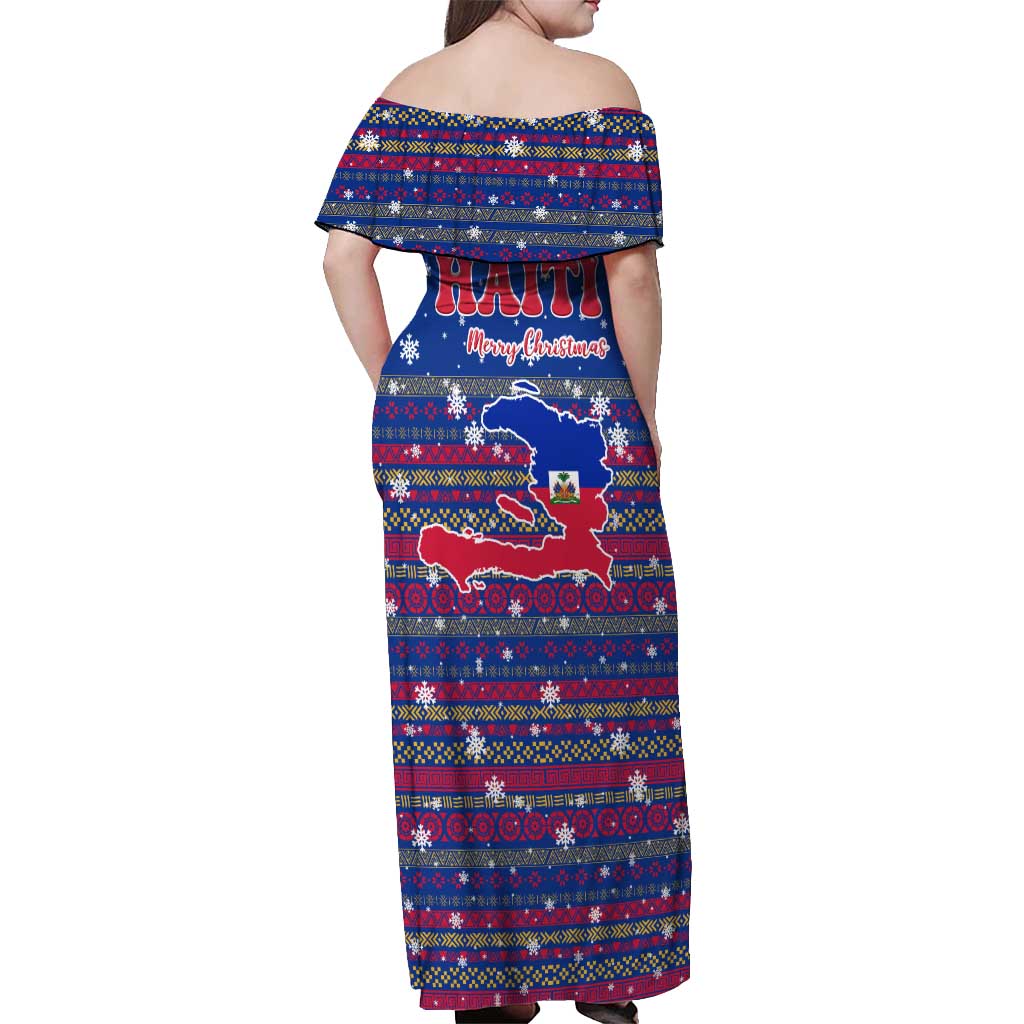 Haiti Christmas Off Shoulder Maxi Dress with Blue Red Xmas Santa Snowflake and Map - Wonder Print Shop
