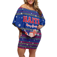 Haiti Christmas Off Shoulder Short Dress with Blue Red Xmas Santa Snowflake and Map - Wonder Print Shop
