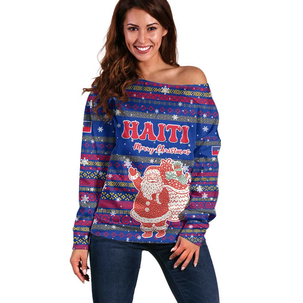 Haiti Christmas Off Shoulder Sweater with Blue Red Xmas Santa Snowflake and Map - Wonder Print Shop