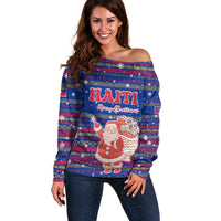 Haiti Christmas Off Shoulder Sweater with Blue Red Xmas Santa Snowflake and Map - Wonder Print Shop
