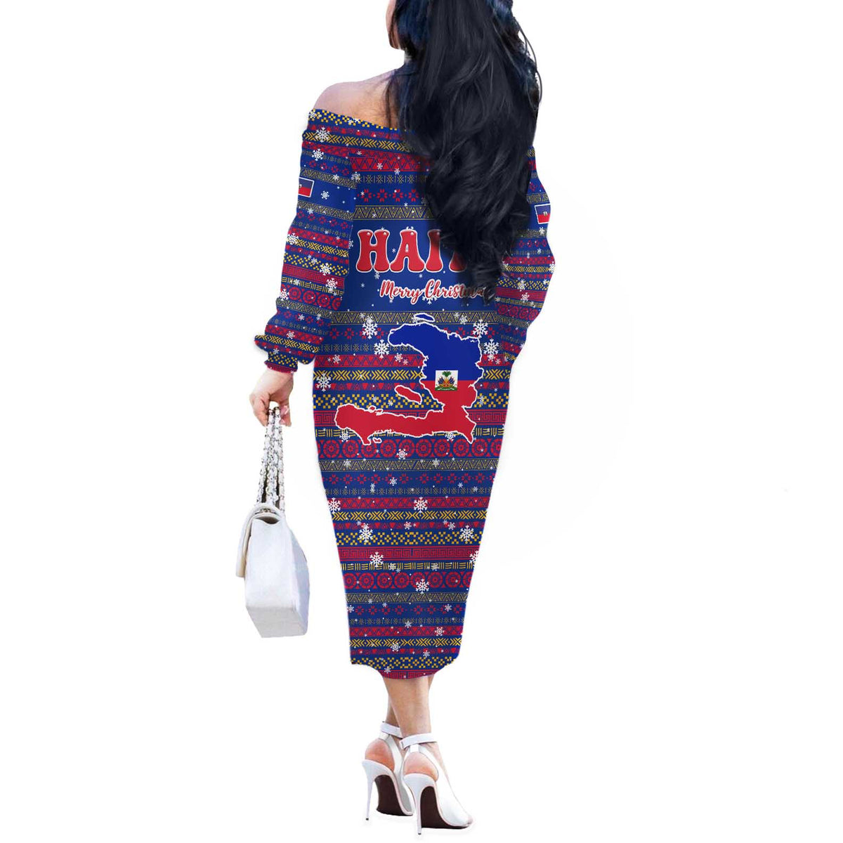 Haiti Christmas Off The Shoulder Long Sleeve Dress with Blue Red Xmas Santa Snowflake and Map - Wonder Print Shop