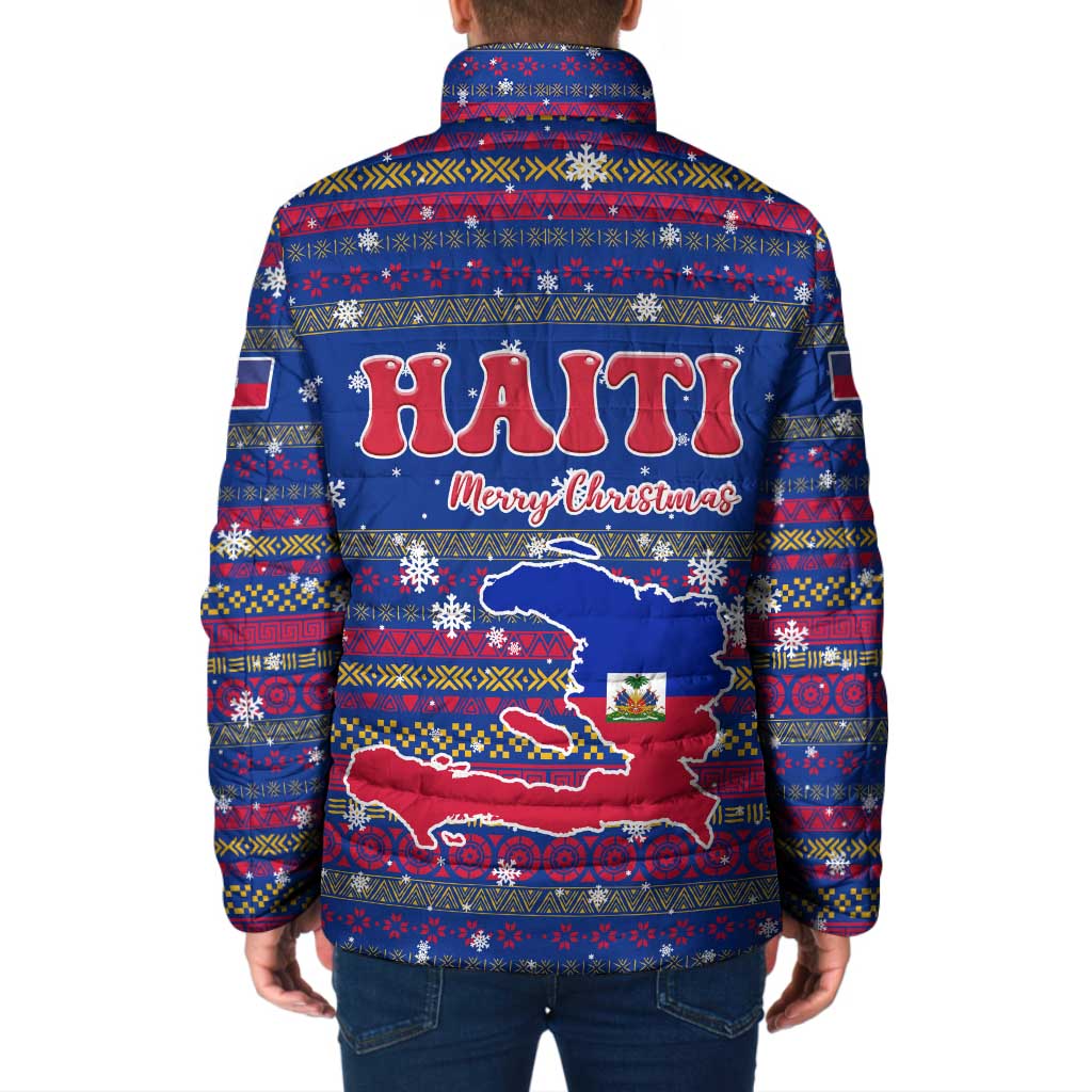 Haiti Christmas Padded Jacket with Blue Red Xmas Santa Snowflake and Map - Wonder Print Shop
