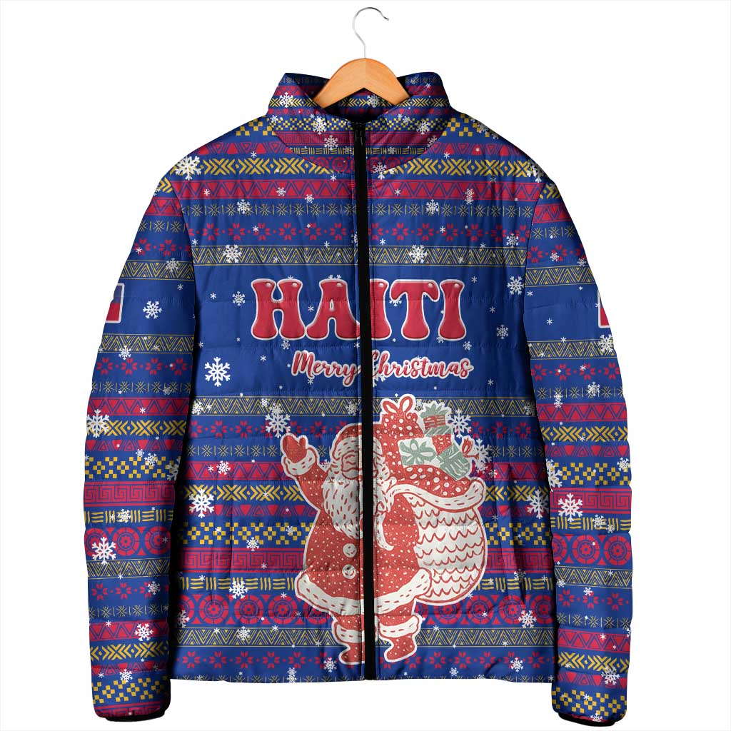 Haiti Christmas Padded Jacket with Blue Red Xmas Santa Snowflake and Map - Wonder Print Shop