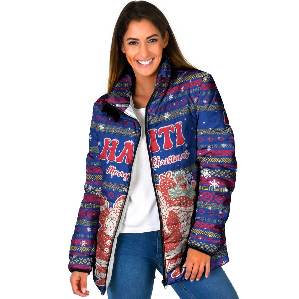 Haiti Christmas Padded Jacket with Blue Red Xmas Santa Snowflake and Map - Wonder Print Shop