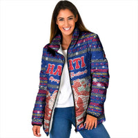 Haiti Christmas Padded Jacket with Blue Red Xmas Santa Snowflake and Map - Wonder Print Shop