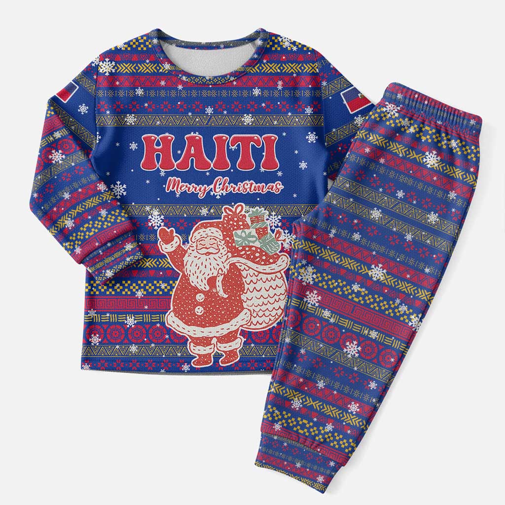 Haiti Christmas Pajama Set with Blue Red Xmas Santa Snowflake and Map - Wonder Print Shop