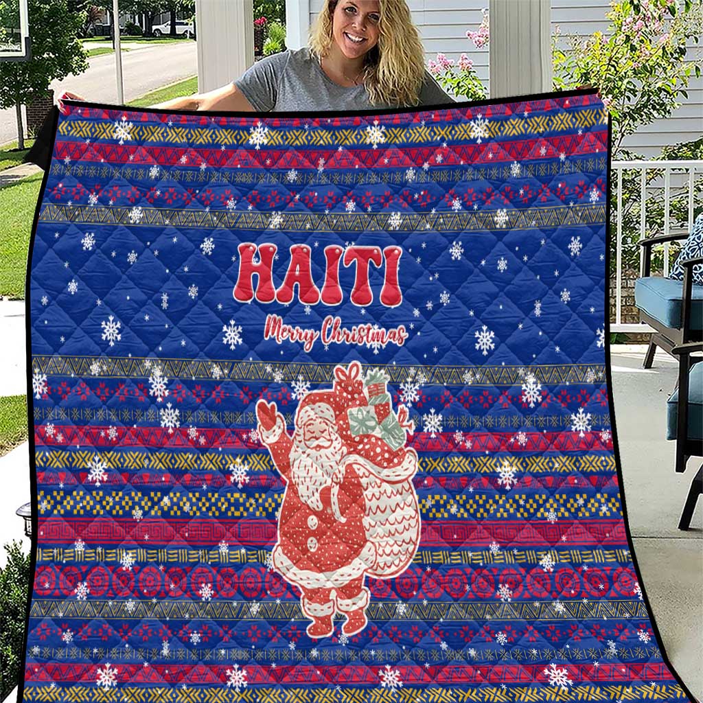 Haiti Christmas Quilt with Blue Red Xmas Santa Snowflake and Map - Wonder Print Shop